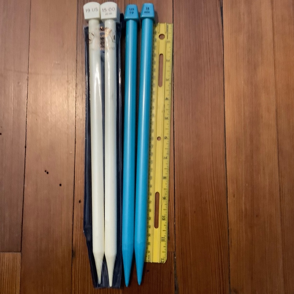Two pairs jumbo/ bulky knitting needles. Size US 19/ 15mm. EUC